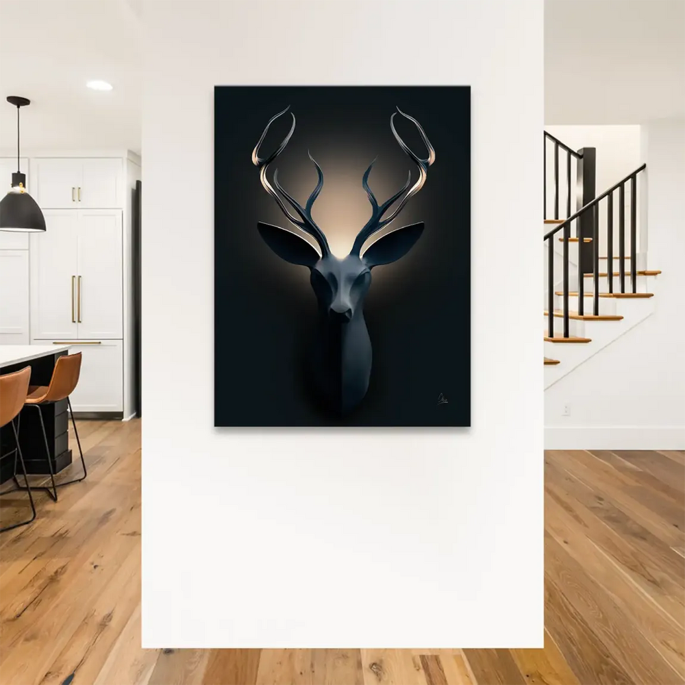Minimalist deer head on canvas with metallic glow on the antlers