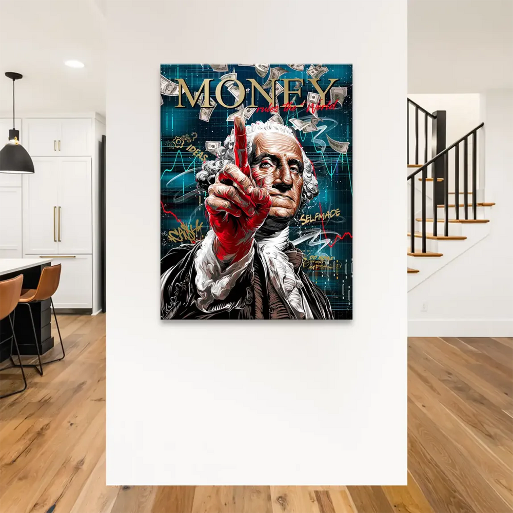 Alternative composition of a bold urban pop art canvas with money motifs and skyscraper silhouettes.