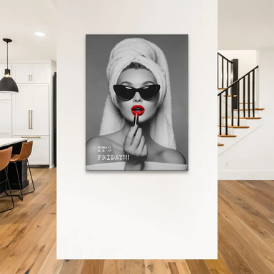 Monochrome backdrop highlighting red lips in a modern glam wall art piece