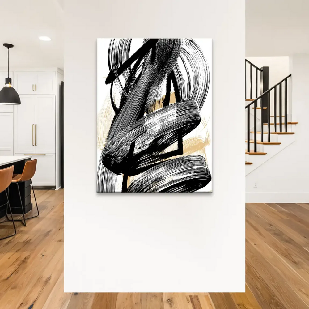 Vertical abstract art featuring dynamic movement and strong contrast