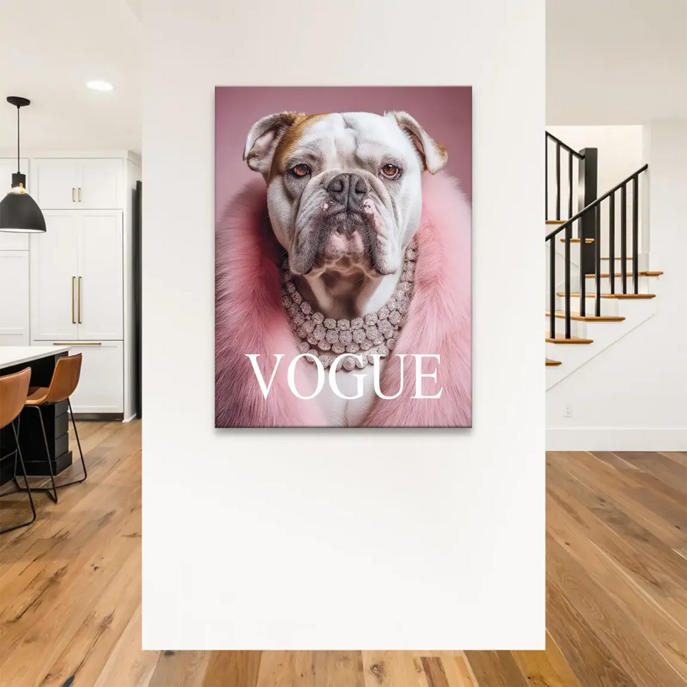 Stylish bulldog canvas art in a fashion-forward, glam pose with Vogue at the bottom