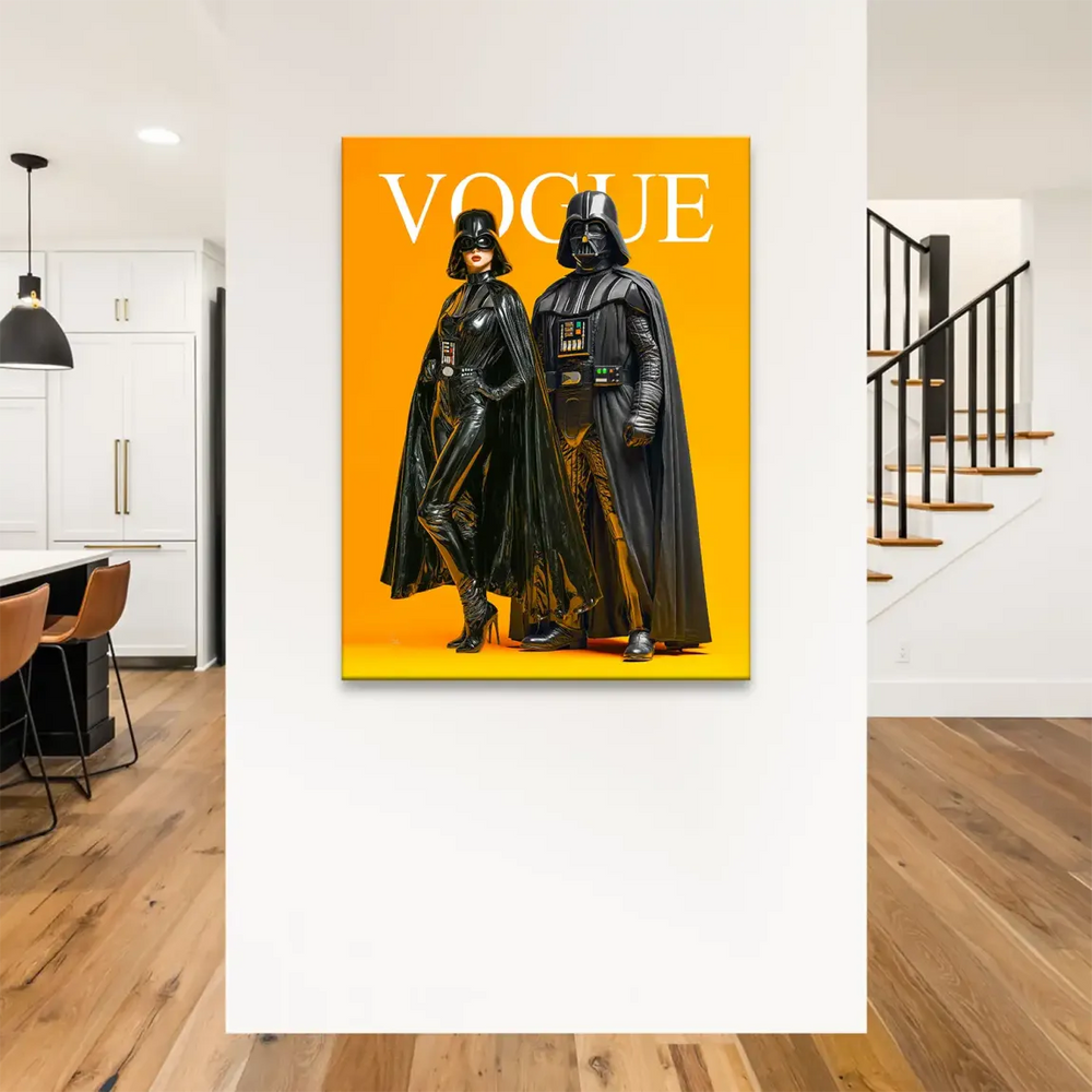 Full composition of two fashion-forward figures on a Vogue-inspired cover, high-contrast black outfits and yellow backdrop.