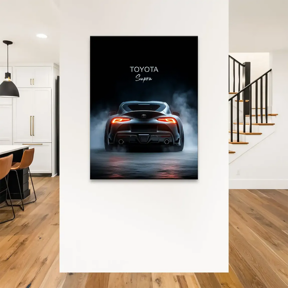 Subtle TOYOTA Supra branding above the vehicle in a modern car wall art piece