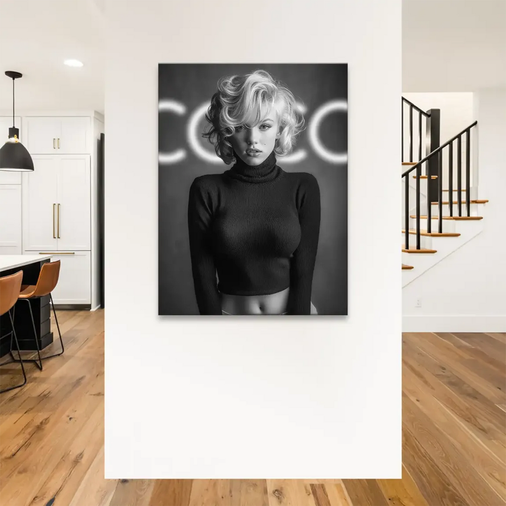 Close-up of the model's confident gaze, showcasing classic Hollywood glamour in monochrome.
