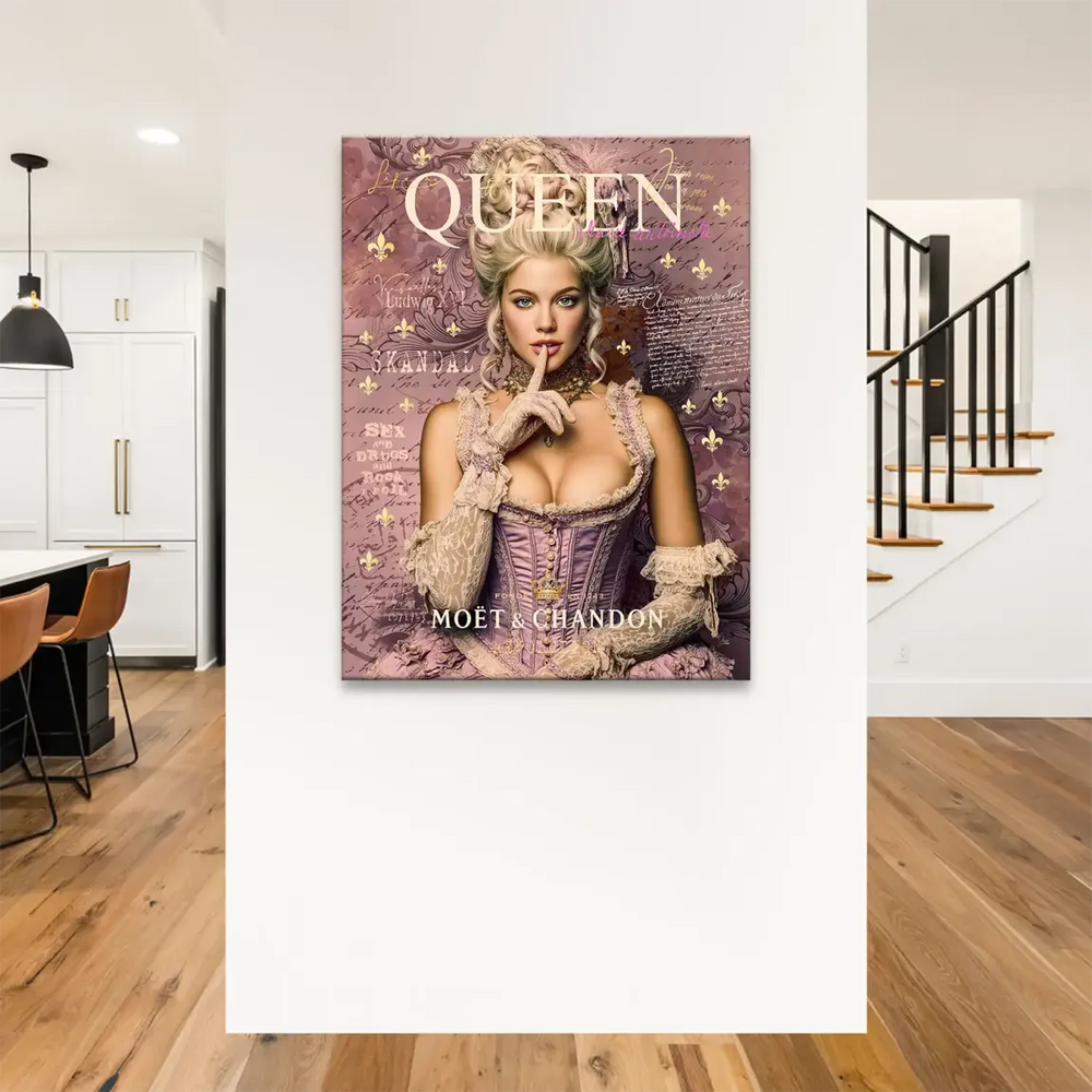 Pop art style portrait on canvas with soft purple, cream, pink and gold tones