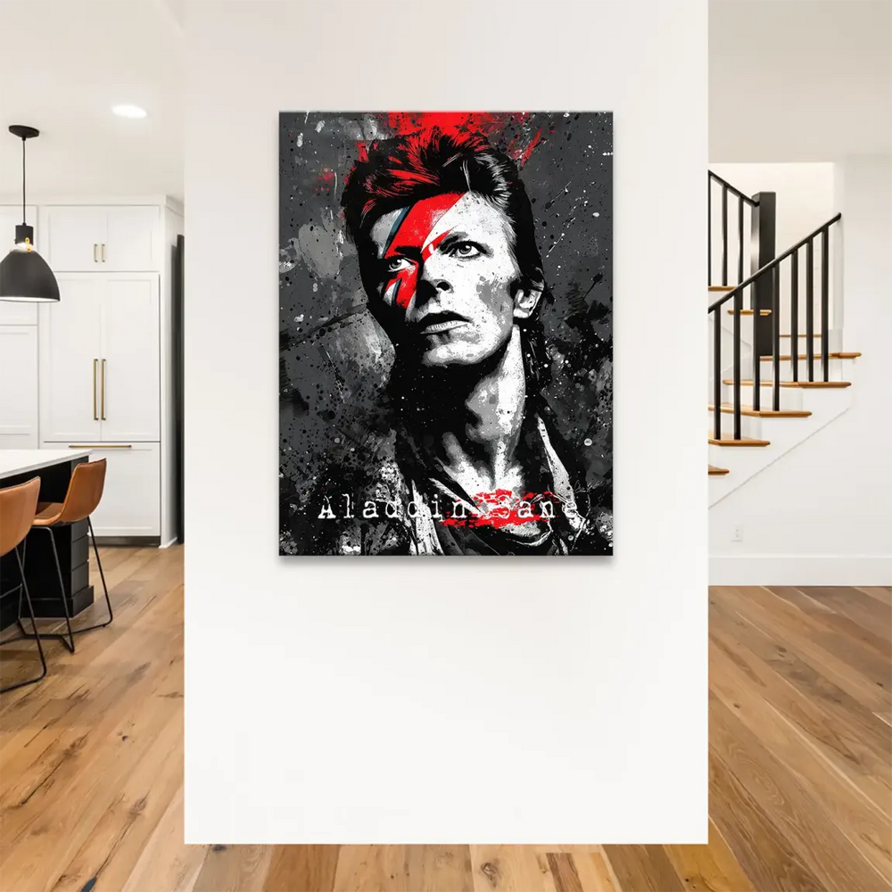 Close-up Bowie portrait in monochrome with red and blue accents