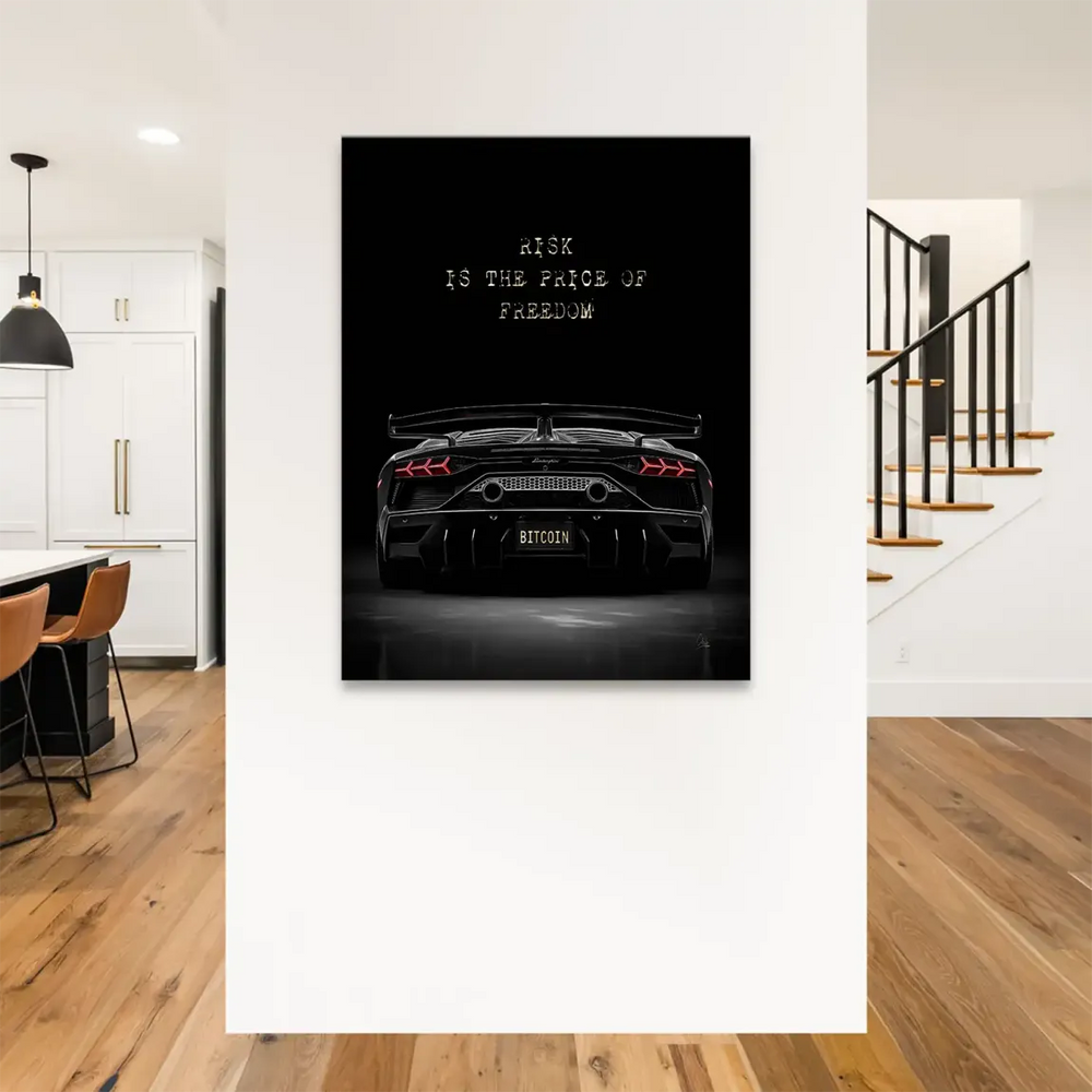 Black Lamborghini canvas art showcasing Bitcoin theme and distressed gold typography.