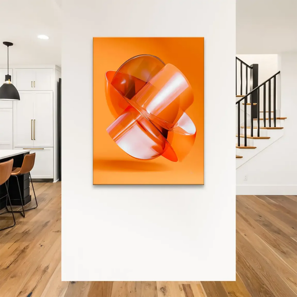 Geometric abstract shapes in orange and amber hues on a canvas