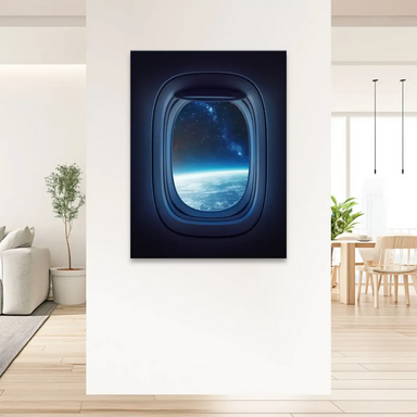 Earth glow framed by darkness of airplane window in celestial artwork