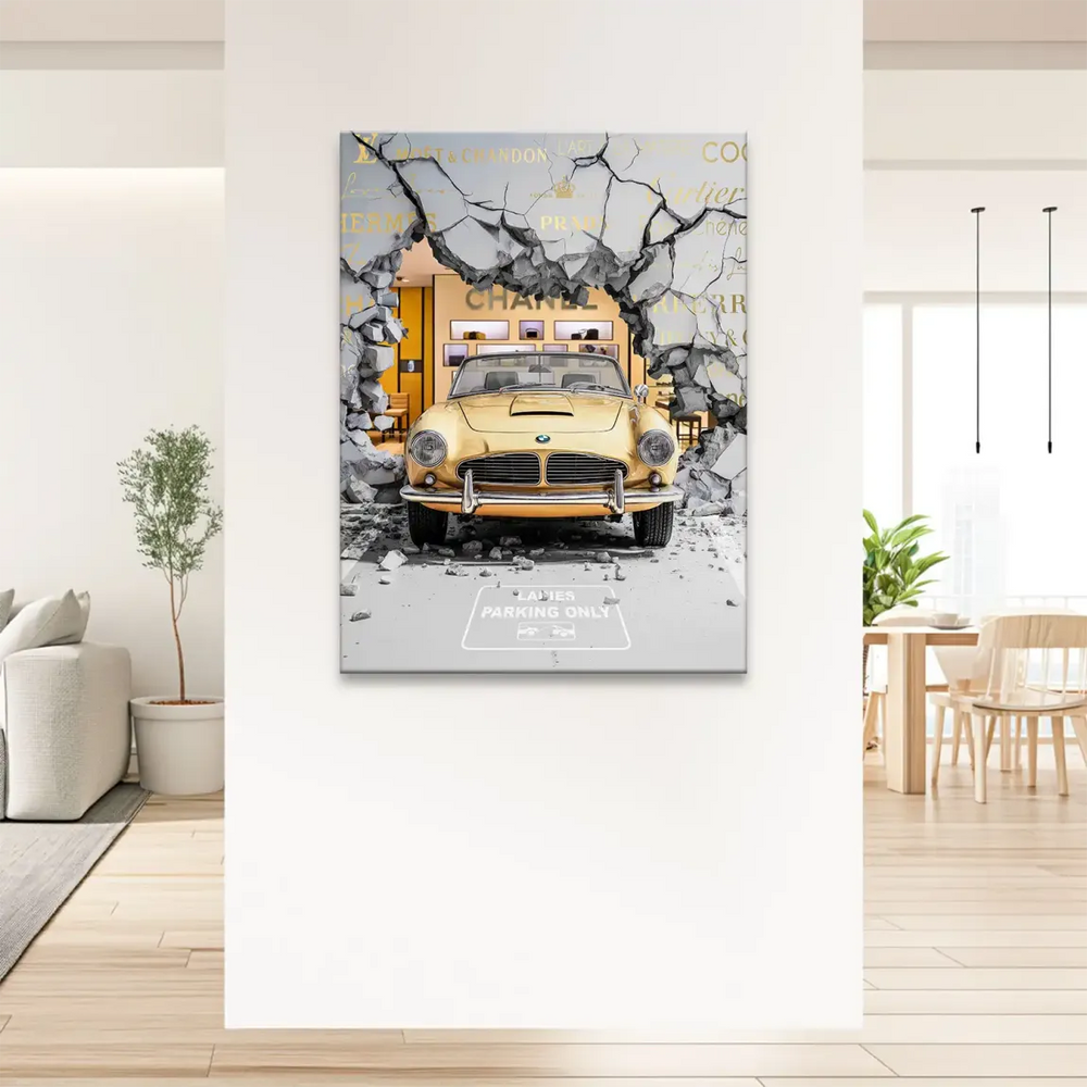 LADIES PARKING ONLY sign amid bold luxury imagery on a contemporary wall art canvas