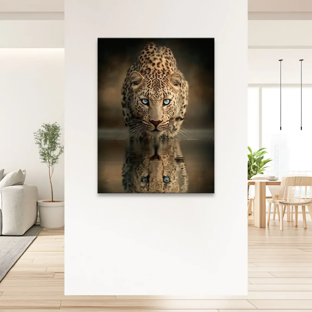 Symmetrical composition featuring a leopard and its reflection