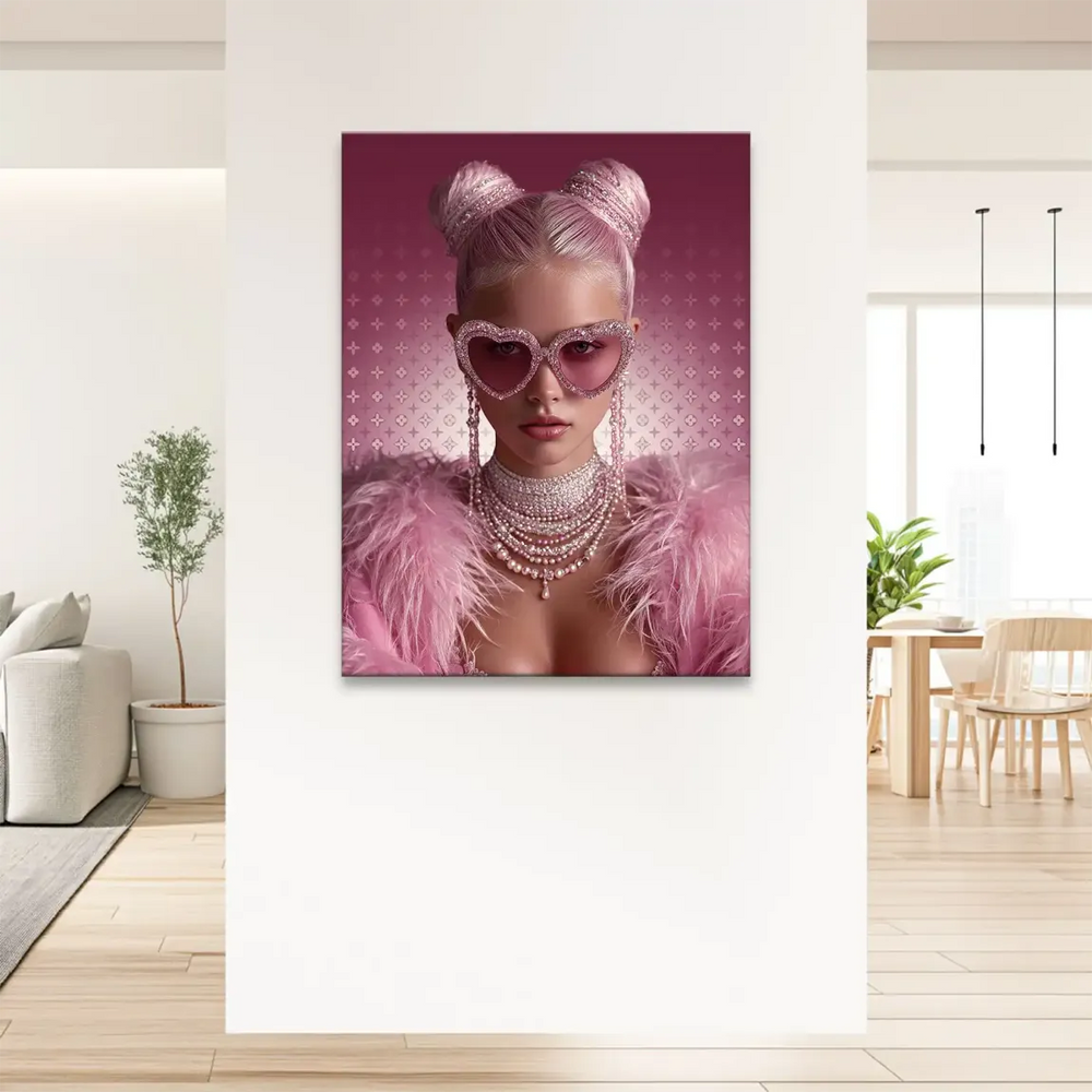 Close-up of rhinestone heart sunglasses and layered pearl necklace on Glamour Girl canvas wall art