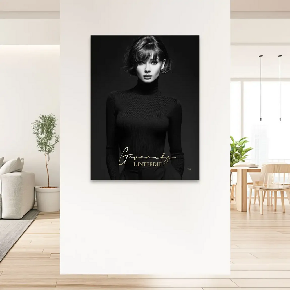 Audrey Hepburn-inspired vintage fashion photography vibe captured in a modern wall art piece