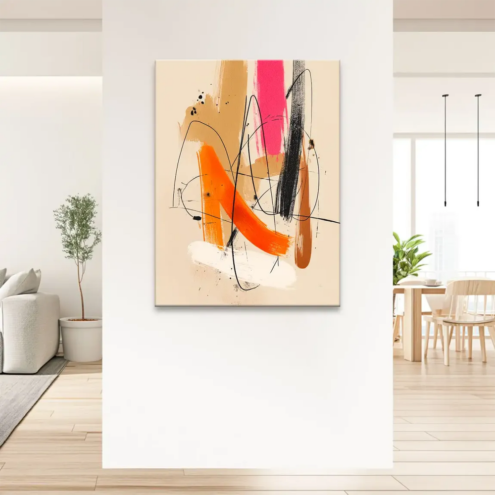 Colorful canvas wall art with orange, pink, beige, brown, black, and white tones