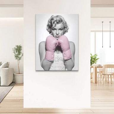 Vintage glamour Marilyn Monroe artwork with pink boxing gloves on canvas.