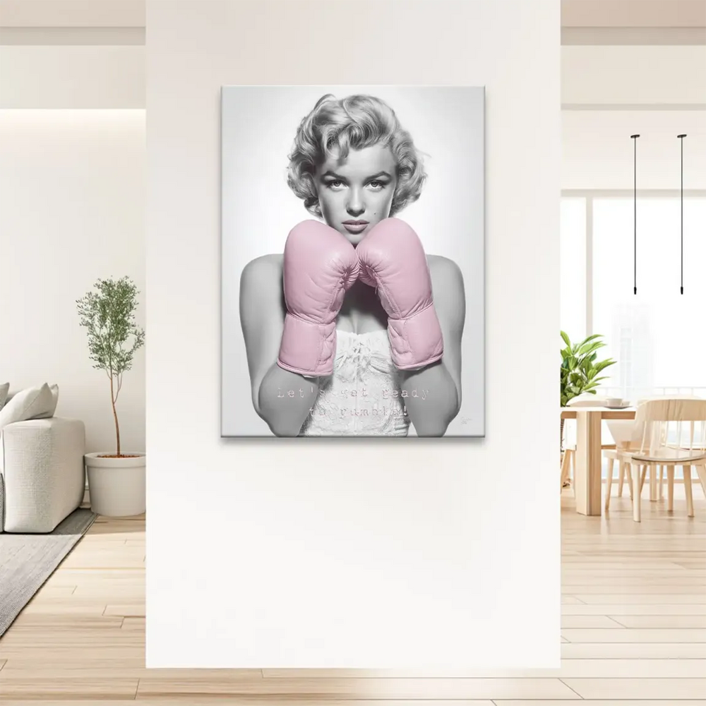 Vintage glamour Marilyn Monroe artwork with pink boxing gloves on canvas.