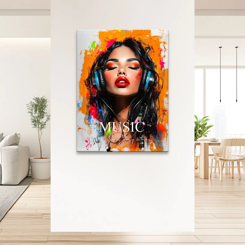 Artwork includes the word MUSIC in a bold, colorful composition for urban decor