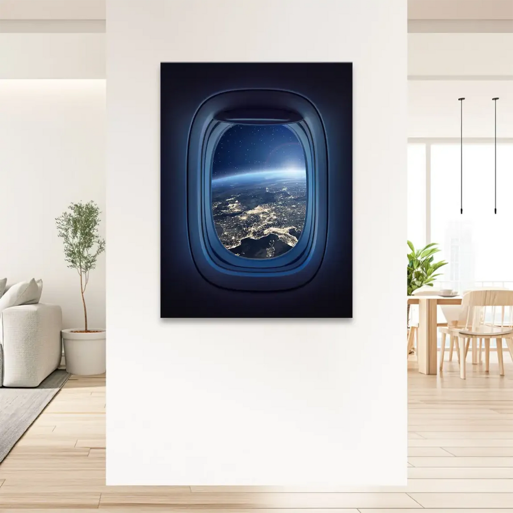 Modern canvas wall art showing space travel through a porthole