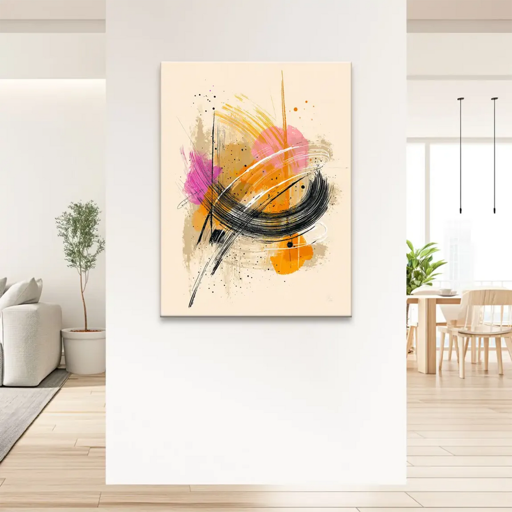 Urban-inspired abstract art on canvas with bold strokes and arcs against a neutral beige ground