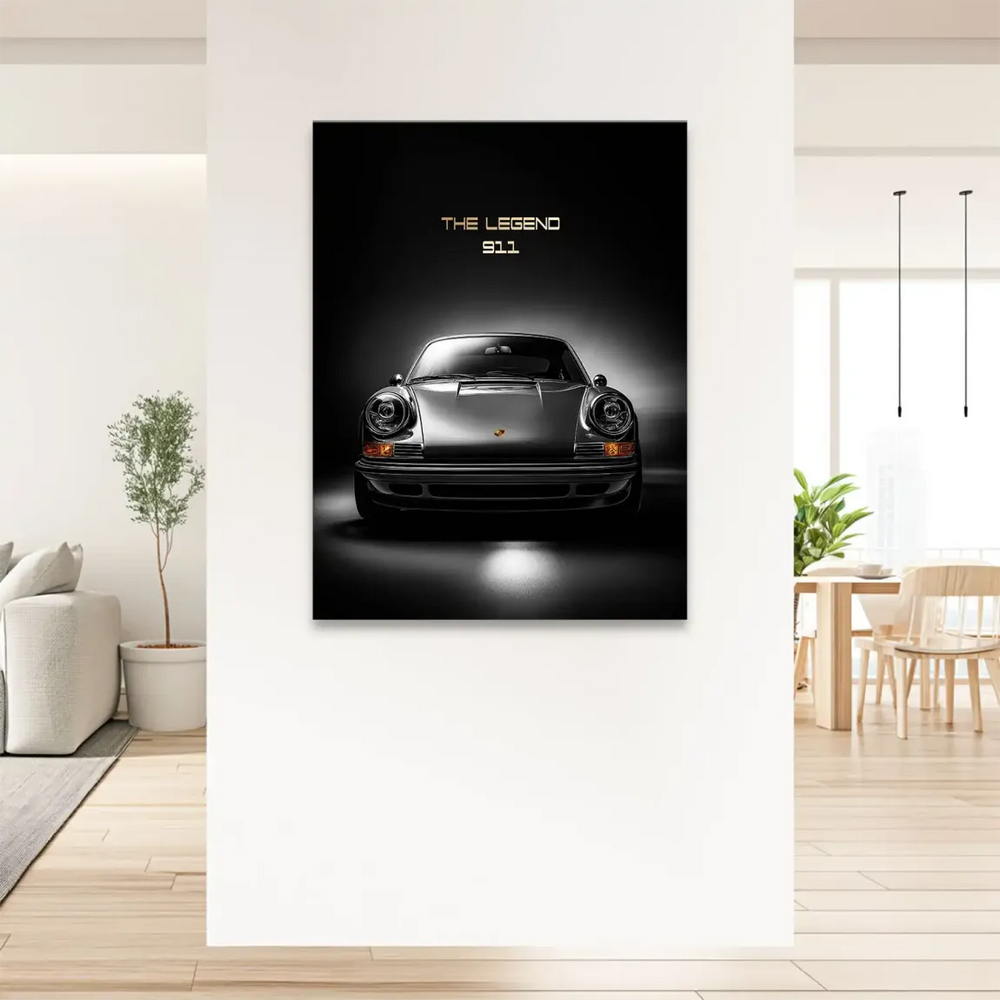 Front-facing canvas art of a Porsche 911 legend for minimalist industrial decor