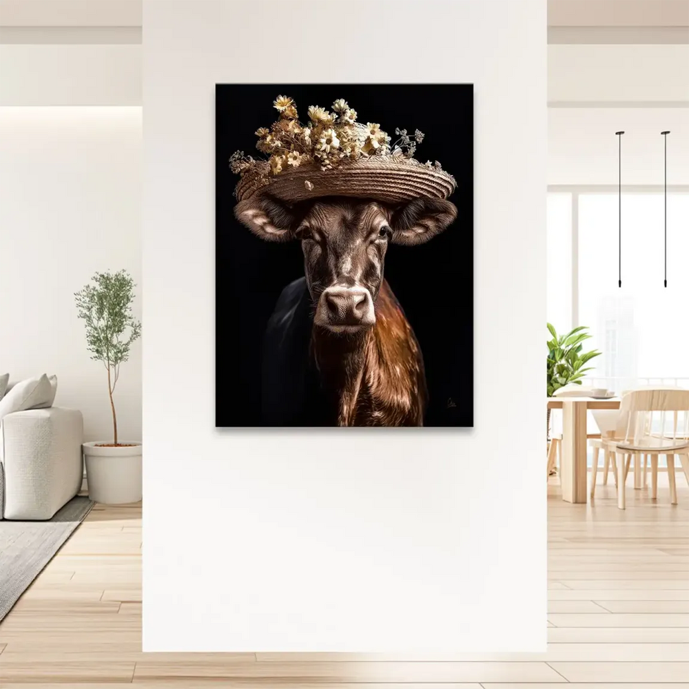 Canvas wall art showing a cow with straw hat against a dark backdrop