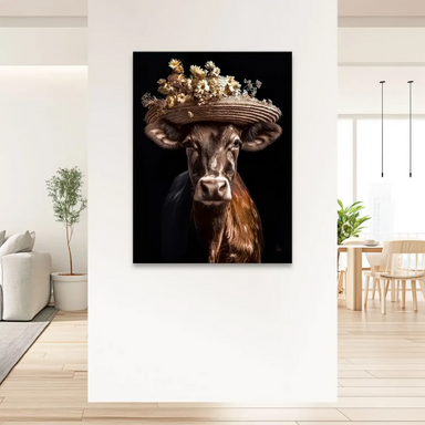 Canvas wall art showing a cow with straw hat against a dark backdrop