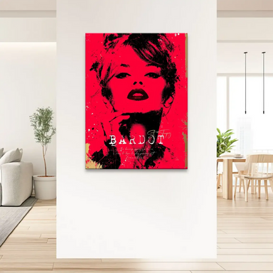 Pop Art style celebrity art featuring Bardot with text overlays Saint-Tropez on red background