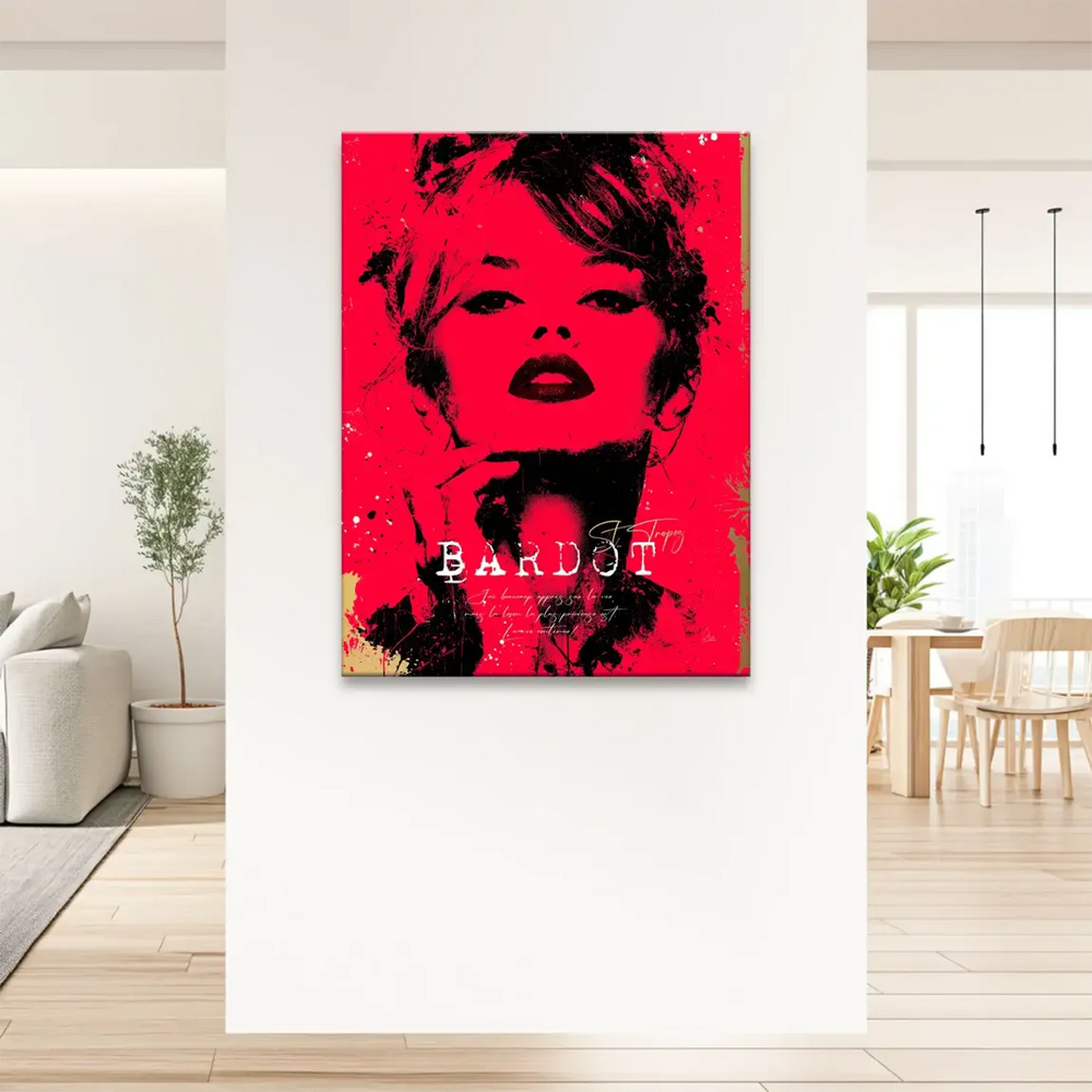 Pop Art style celebrity art featuring Bardot with text overlays Saint-Tropez on red background