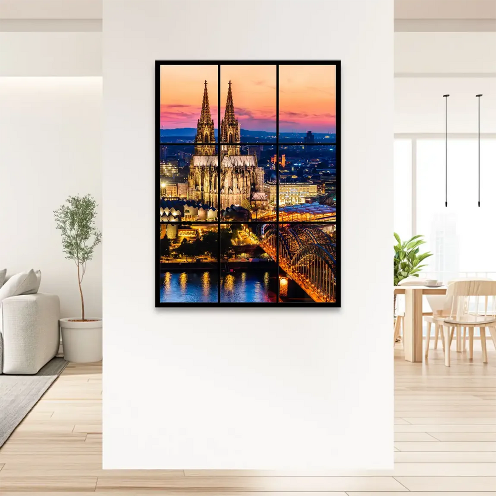 Central panel emphasizes the river's golden reflections and the urban glow of Cologne at dusk