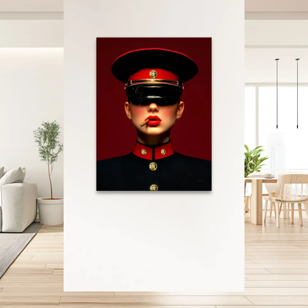 Russian-inspired female figure with a strong gaze and urban edge in a bold art print