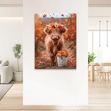 Whimsical Highland calf portrait blending animal art with floral accents.