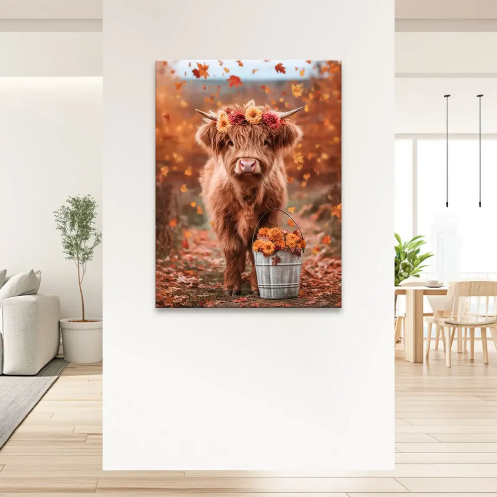 Whimsical Highland calf portrait blending animal art with floral accents.