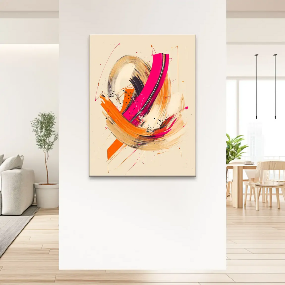 Abstract expressionist-inspired canvas painting featuring swirling central composition and bold color splashes.