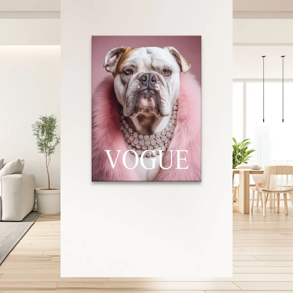 Pink and white color palette featuring a chic bulldog in couture-inspired jewelry