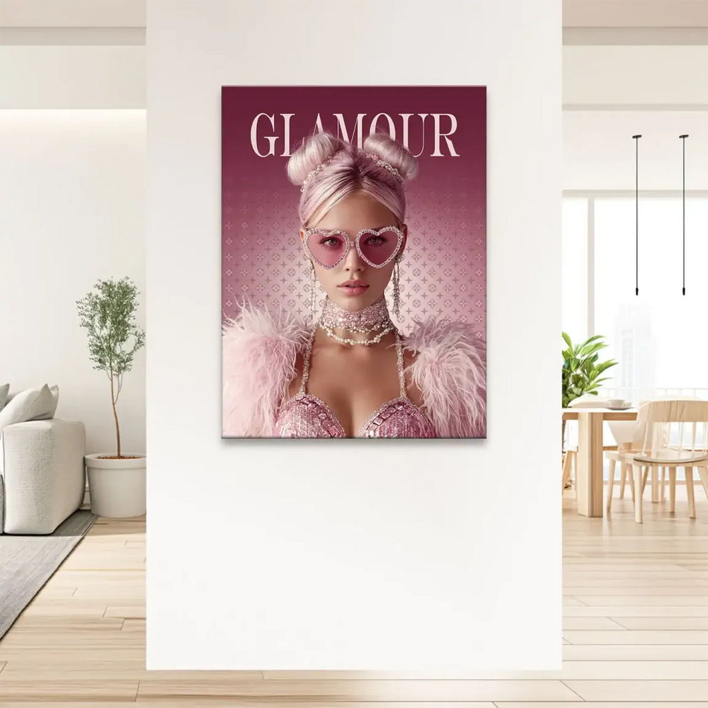 Glamour Lady canvas print showcasing a bold pink palette and shimmering jewelry.