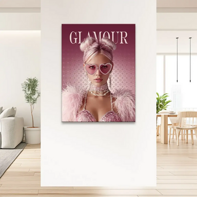 Glamour Lady canvas print showcasing a bold pink palette and shimmering jewelry.