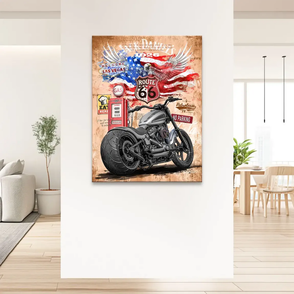 Retro red gas pump and classic ads accent the motorcycle collage