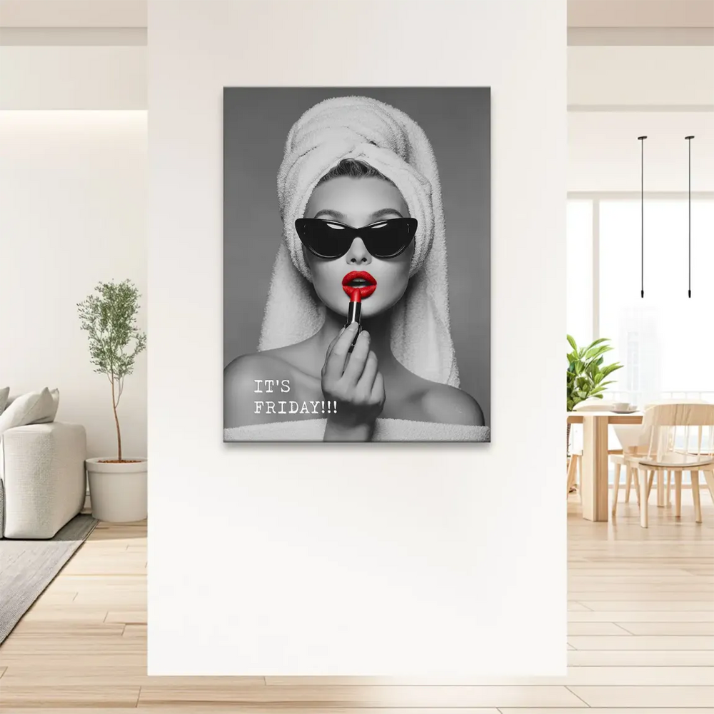 Woman wearing cat-eye sunglasses and a towel on her head in a fashion art scene