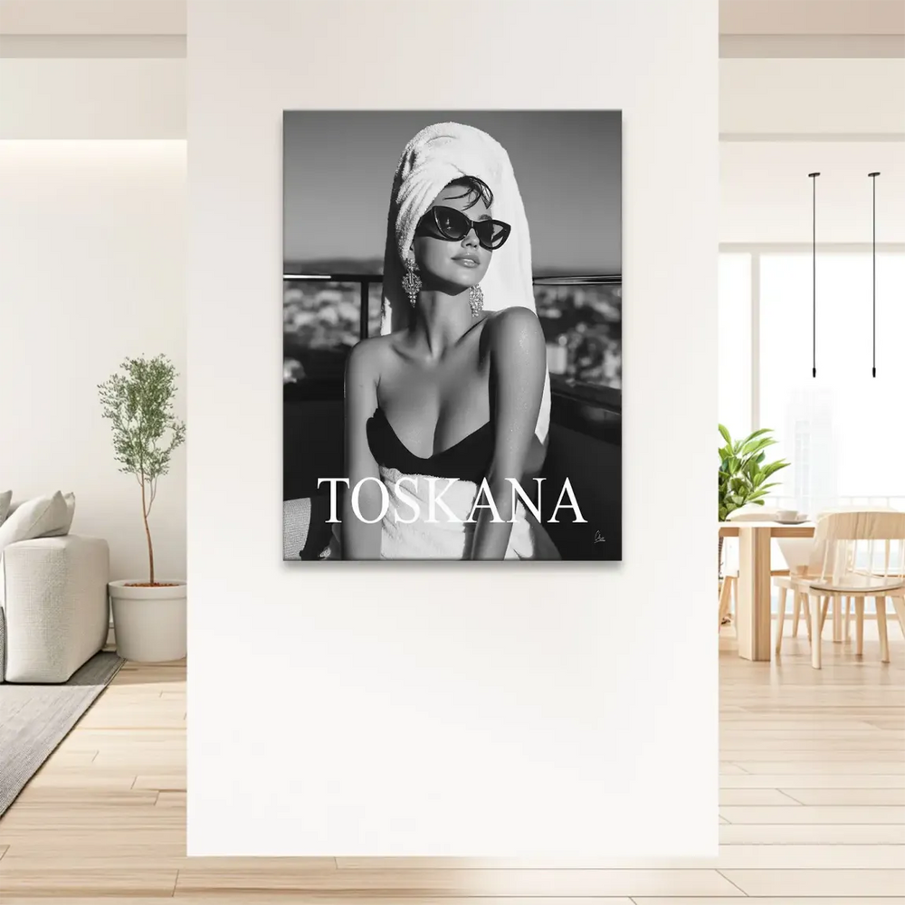 Close-up of sparkling earrings and sunglasses in Tuscany glam canvas art