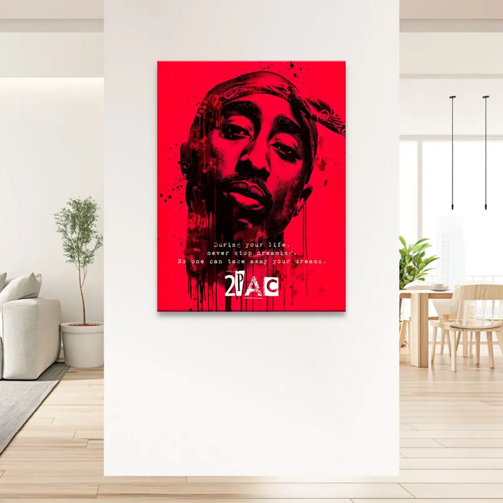 Red background with black portrait and paint splatters canvas art