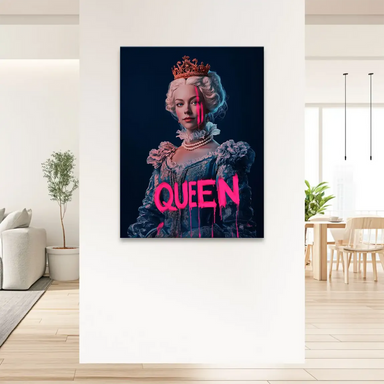 Modern glam wall decor featuring a regal female figure and neon graffiti for living rooms or studios