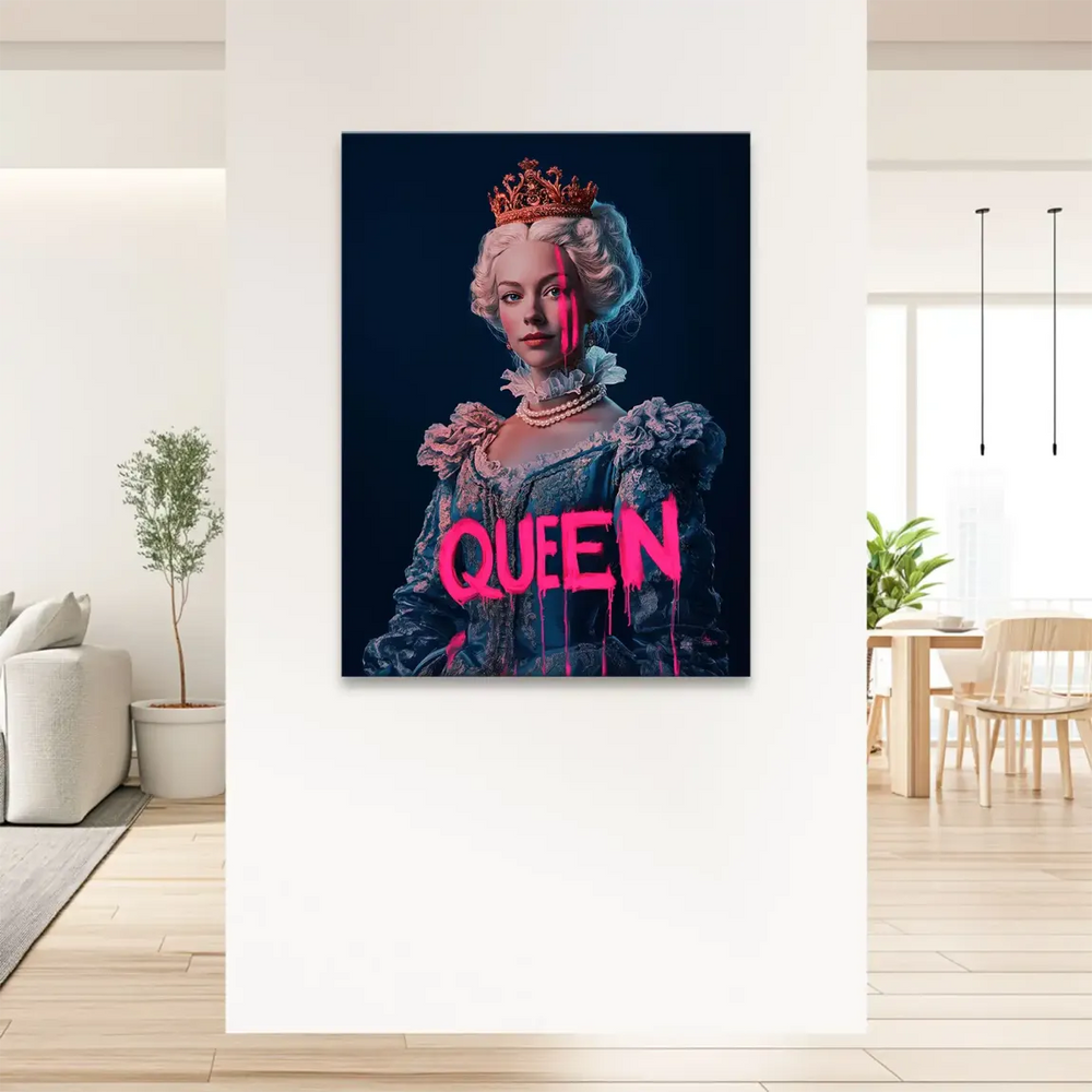 Modern glam wall decor featuring a regal female figure and neon graffiti for living rooms or studios