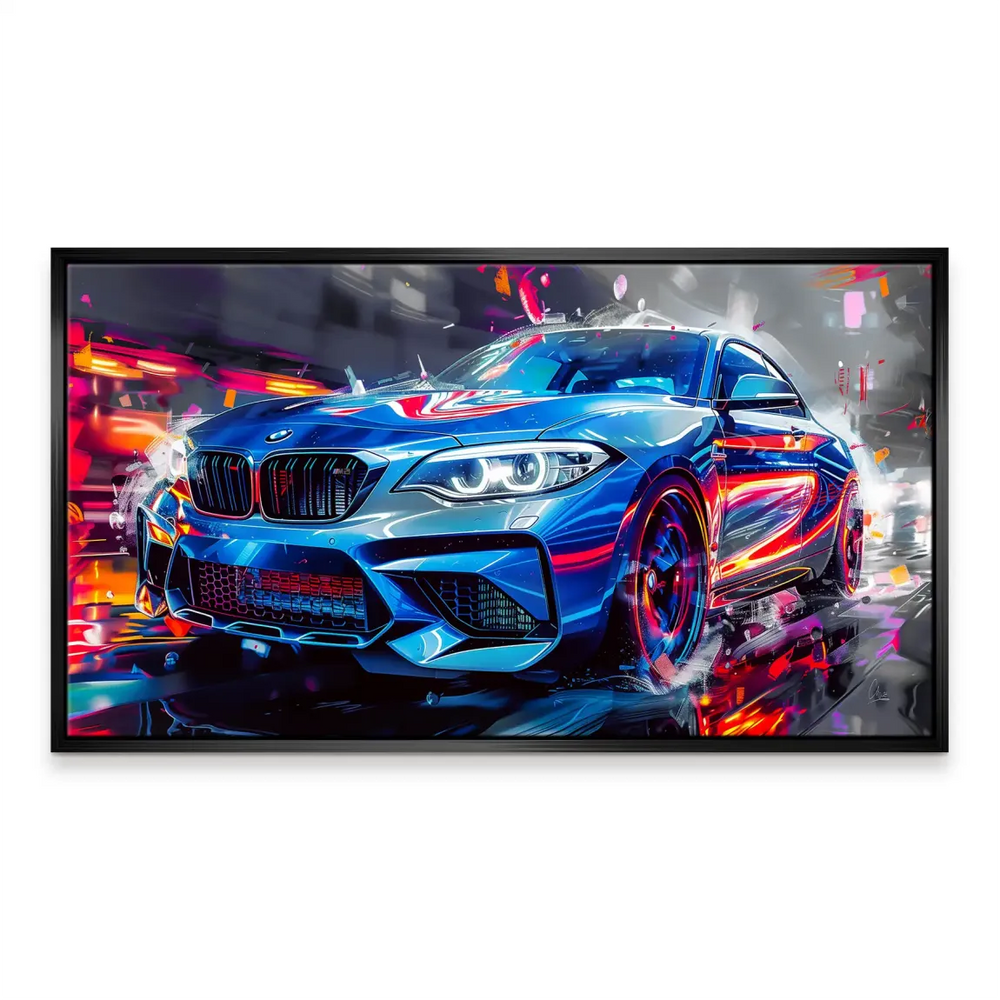 Electric blue BMW M2 abstract art with red-pink neon accents and dynamic speed effects.