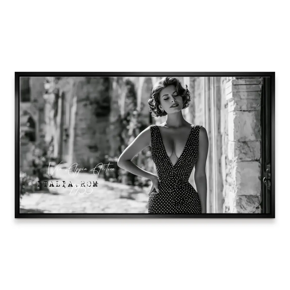 Elegant woman wall art in grayscale on a classic Rome setting.