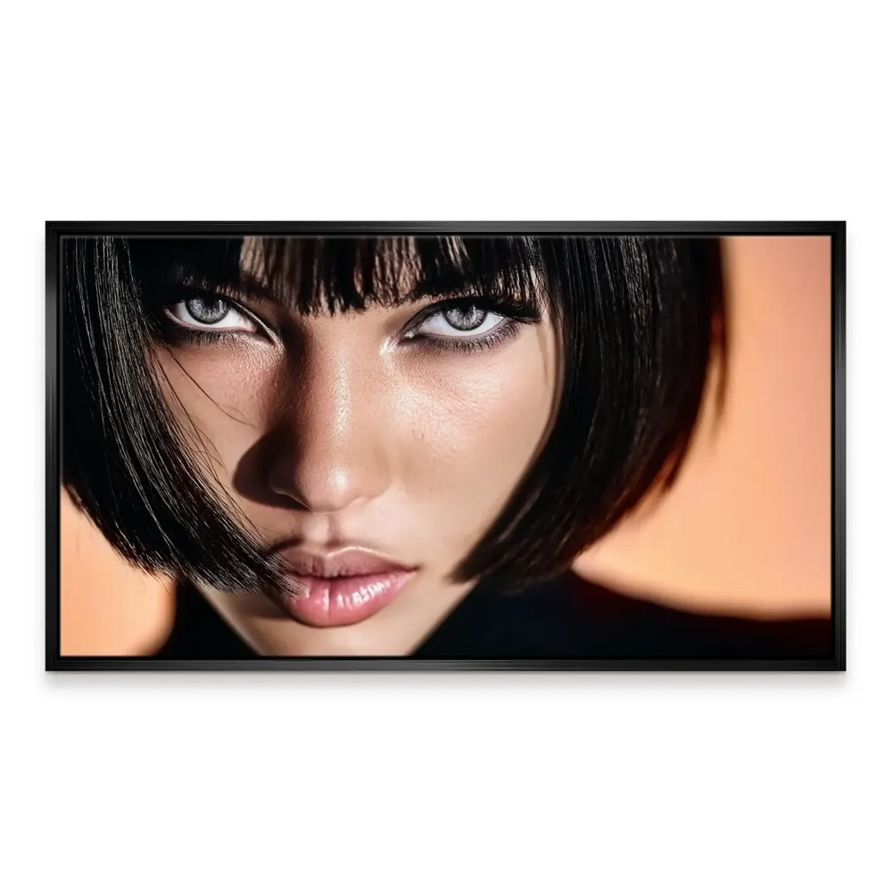 Muted peachy background behind a confident female subject in a refined, chic portrait