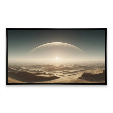 Cosmic desert panorama wall art with muted amber tones and a serene teal atmosphere