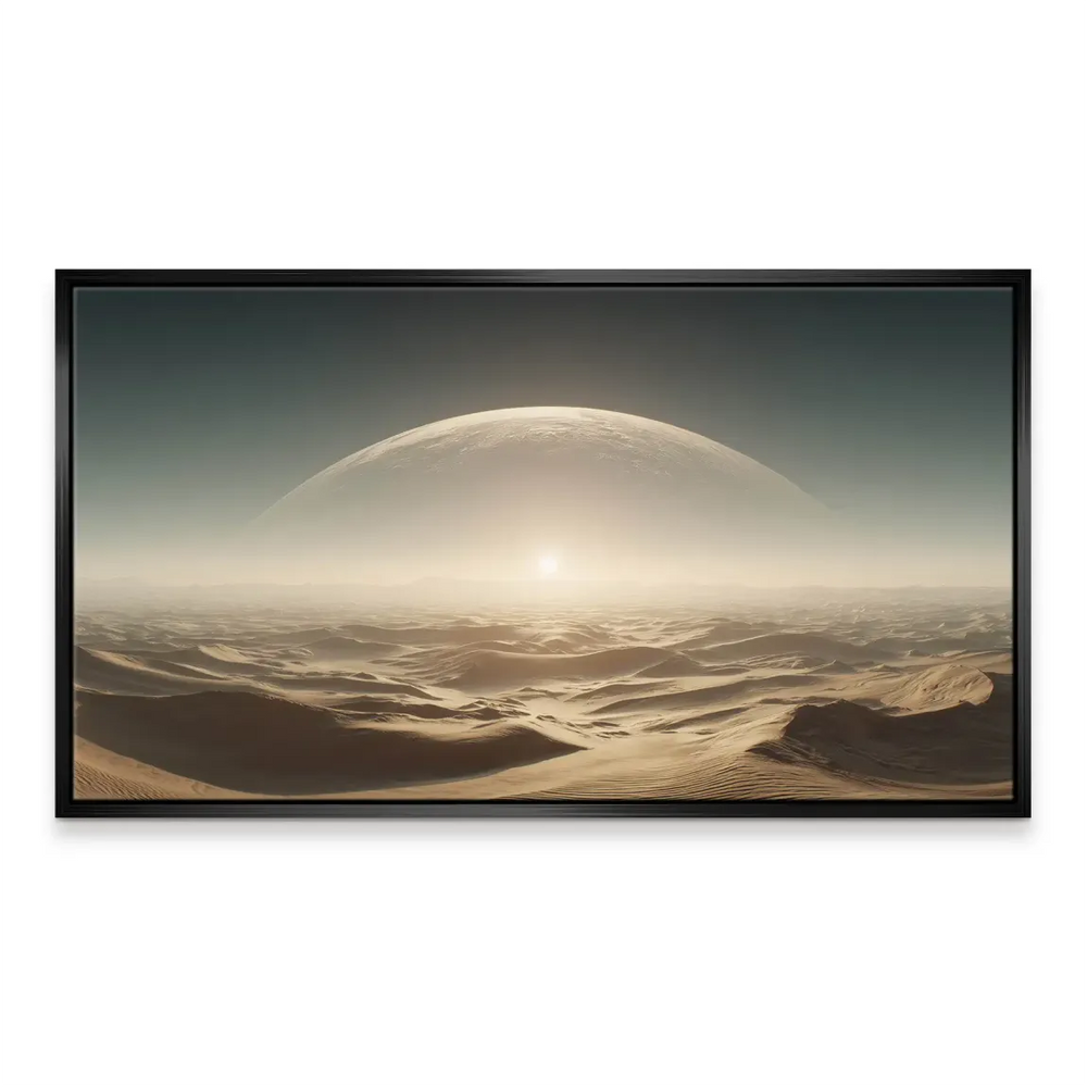 Cosmic desert panorama wall art with muted amber tones and a serene teal atmosphere