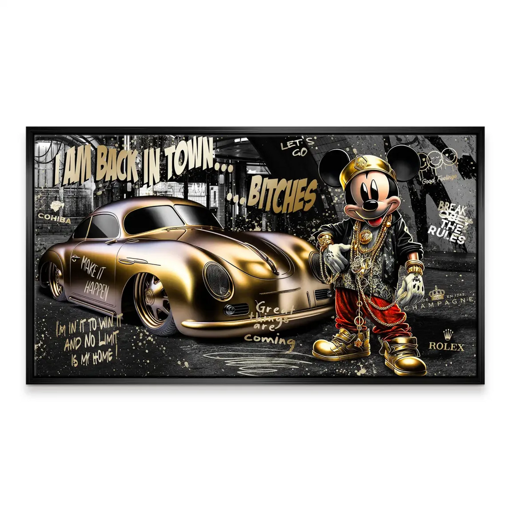 Graphic composition with bold typography on the graffiti backdrop surrounding the gold character and car.