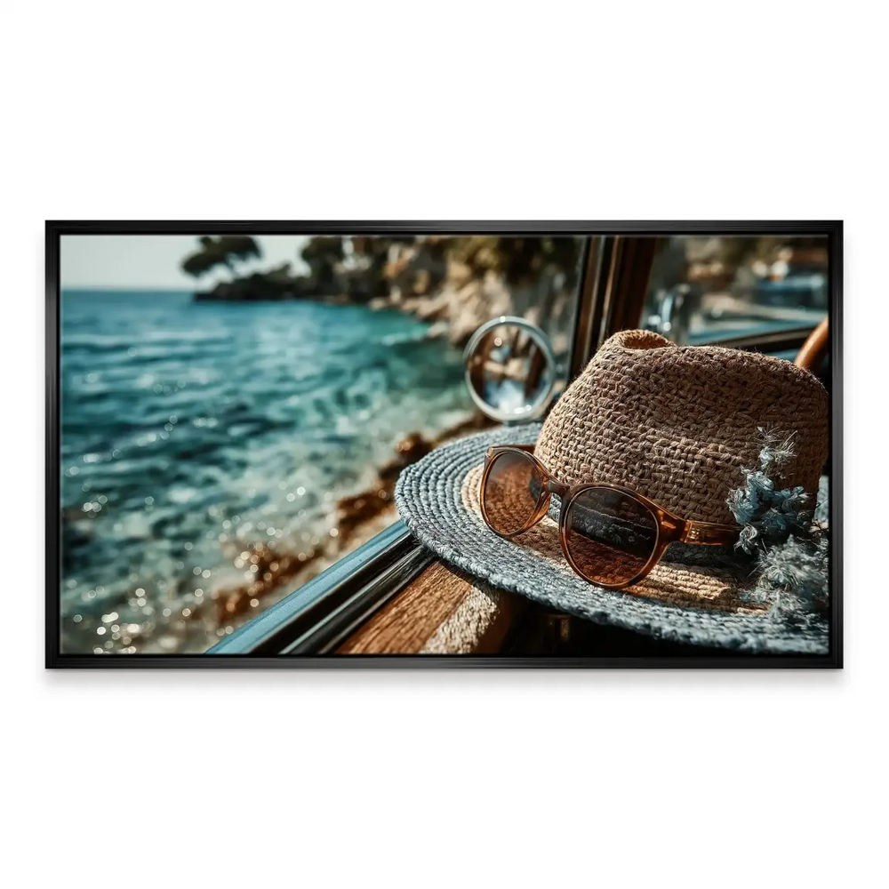 Sunlit beach scene with blue water and brown wooden tones.