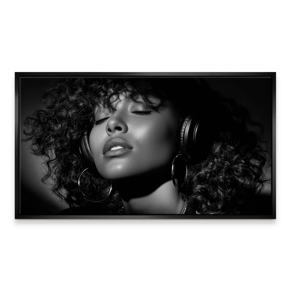 Introspective woman portrait with curls, high-contrast lighting for modern chic decor.